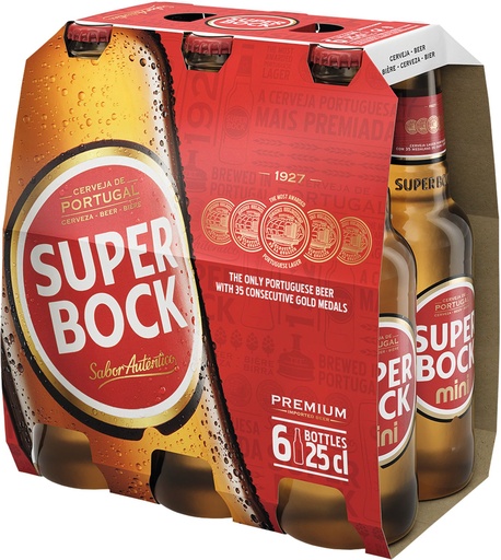 [31357] Super Bock Alc. 5.2 % Vol. Tray 4 x 6 x 0,25 l Bouteille Verre jetable